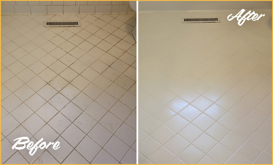 Before and After Picture of a Foggy Bottom White Bathroom Floor Grout Sealed for Extra Protection