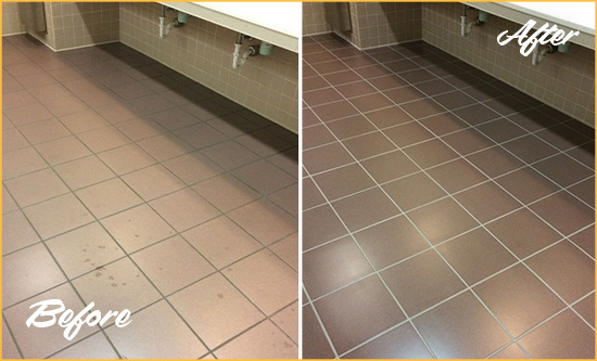 Before and After Picture of Dirty Emergy Office Restroom with Sealed Grout