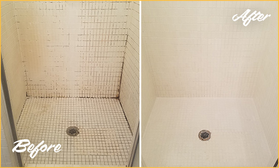 Before and After Picture of a Manassas Bathroom Grout Sealed to Remove Mold