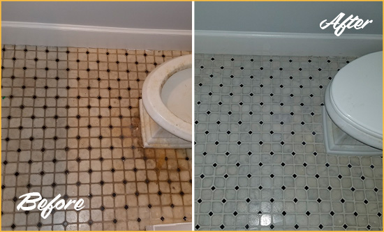 Before and After Picture of a Emergy Bathroom Floor Cleaned to Remove Embedded Dirt