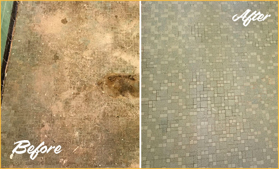 Before and After Picture of a Gaithersburg Mosaic Shower Cleaned to Eliminate Embedded Dirt