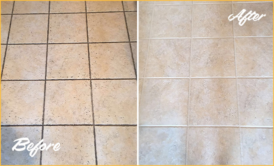Before and After Picture of a Gaithersburg Ceramic Floor Cleaned to Remove Soil
