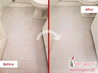 Before and After Picture of a Successful Grout Cleaning Service Done in Fairfax, VA. That Restored This Bathroom