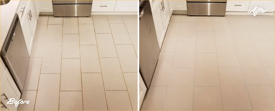 Before and After Image of a Grout Cleaning Service in Rockville, MD. That Transformed a Damaged Kitchen Floor