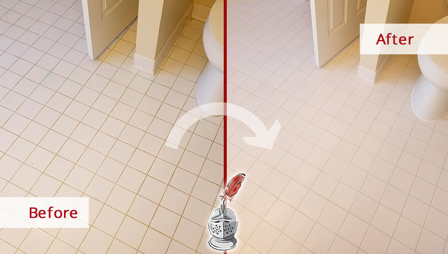 Image of a Bathroom Floor Before and After a Grout Cleaning in Rockville, MD
