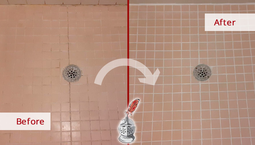 Picture of a Shower Floor Before and After Our Caulking Services in Alexandria, VA