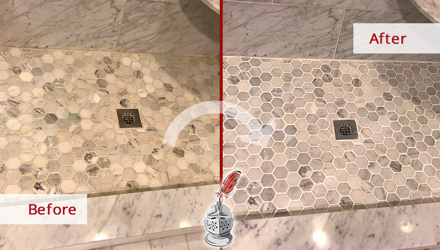 Before and After Image of a Shower After a Professional Grout Sealing in Great Falls, VA