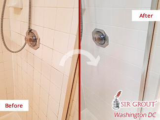 Image of a Shower Before and After a Professional Caulking in Bethesda 