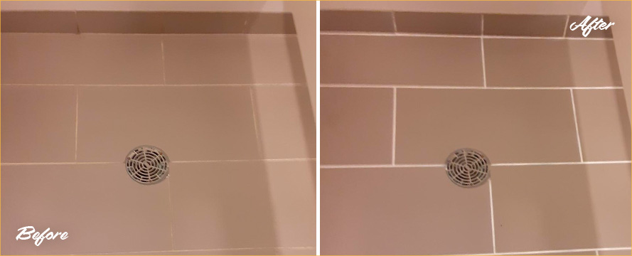 Locker Room Floor Before and After a Superb Grout Recoloring in Dupont Circle