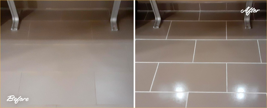 Locker Room Floor Before and After a Professional Grout Recoloring in Dupont Circle