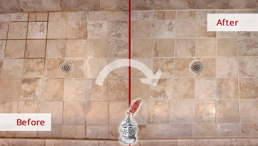 Shower Floor Before and After a Professional Grout Sealing in Fairfax, VA