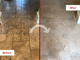 Travertine Floor Before and After a Stone Cleaning Service in Springfiel