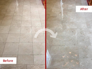 Foyer Floor Before and After a Stone Polishing in Springfield