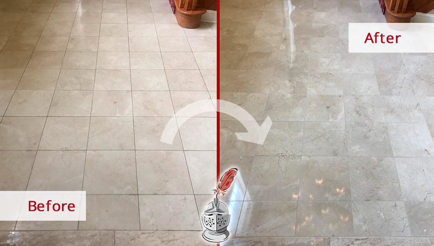 Foyer Floor Before and After a Stone Polishing in Springfield
