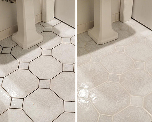 Bathroom Floor Before and After a Grout Cleaning in Potomac