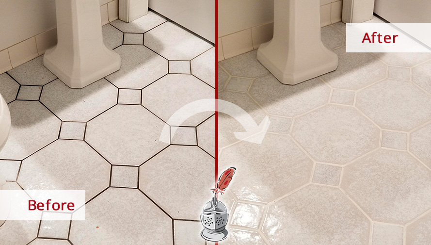 Bathroom Floor Before and After a Grout Cleaning in Potomac