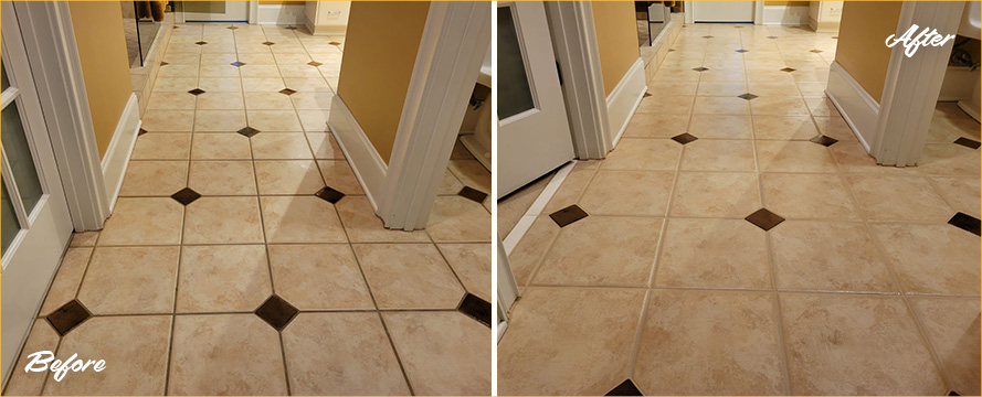 Tile Floor Before and After a Grout Cleaning in Arlington