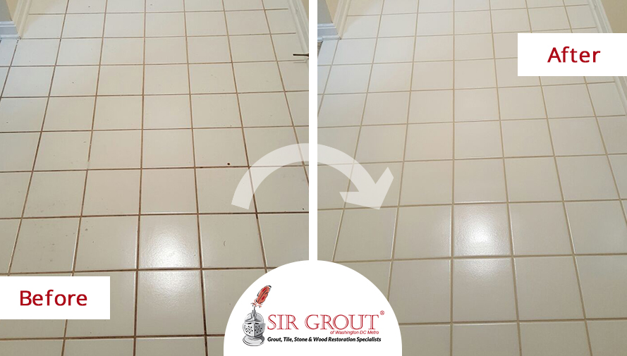 Picture of a Floor Before and After a Grout Recoloring in Potomac, MD