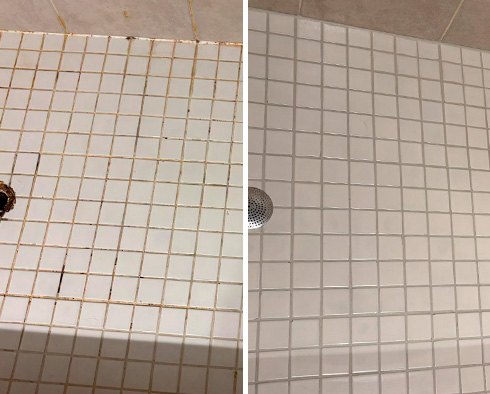 Shower Floor Before and After a Grout Cleaning in Gaithersburg