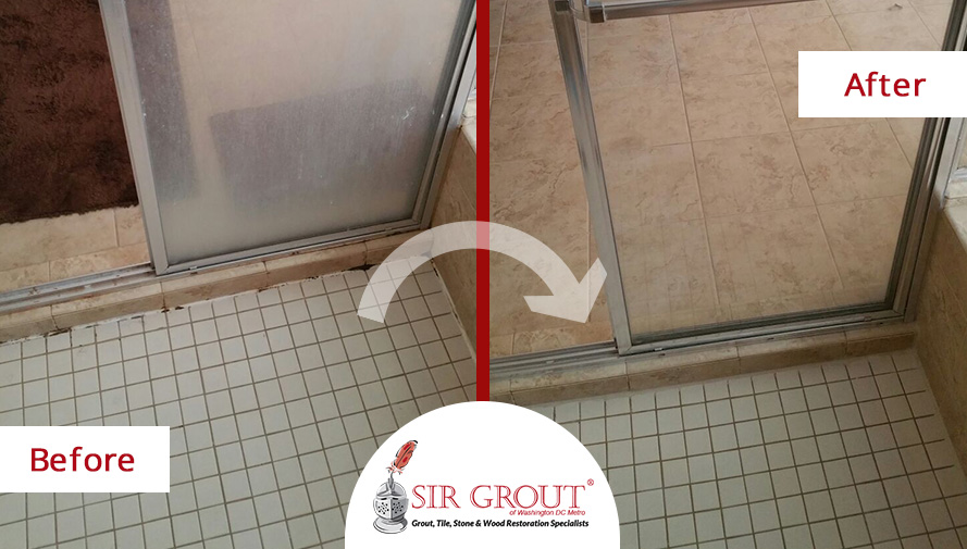 Before & After Picture of a Shower Grout Cleaning Service in Great Falls, Virginia