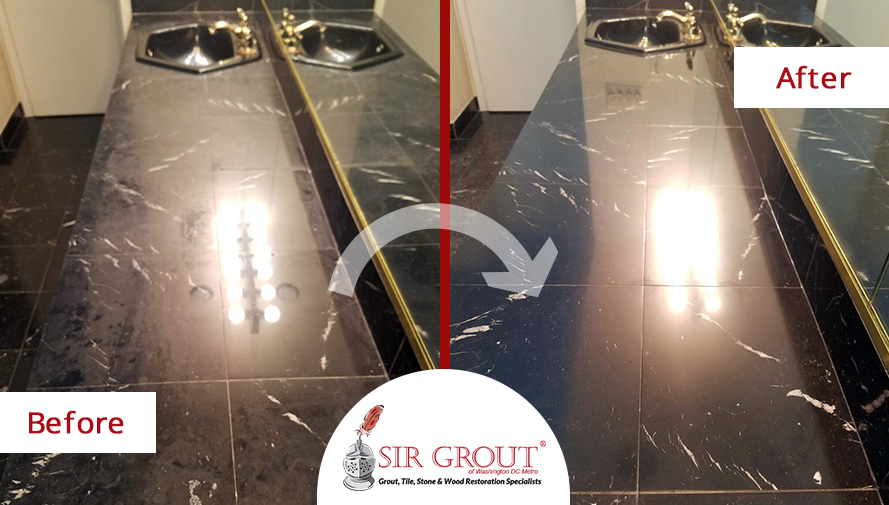 Before and After Picture of a Stone Polishing Service Performed on Marble Surfaces in Vienna, MD