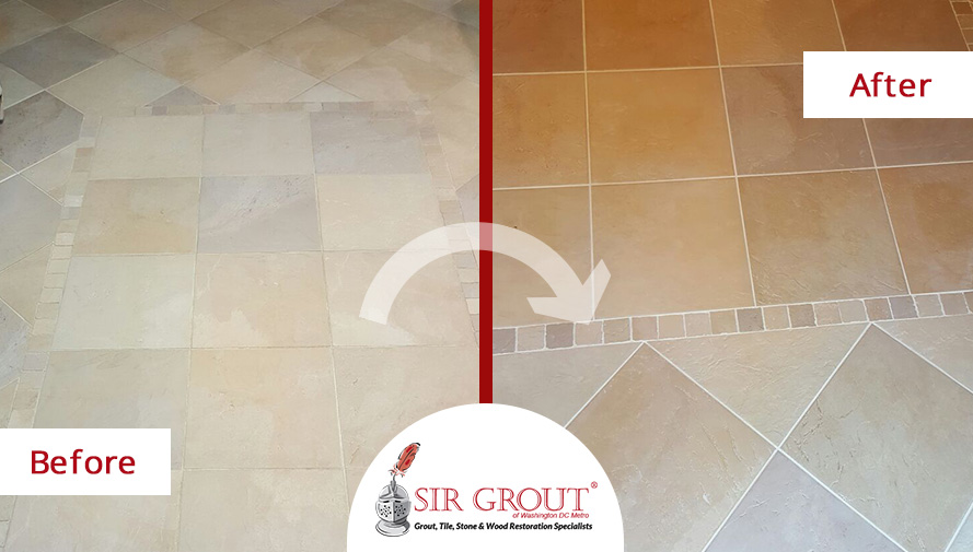 Before and After Picture of a Grout Recoloring in Arlington, Virginia
