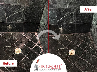 Before and after of This Marble Shower Stone Cleaning  Job Applied in Potomac, Maryland