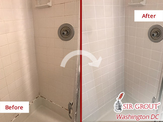 Before and After Picture of a Shower Caulking Service in Arlington, MD
