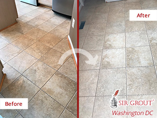 Before and after Picture of This Floor with a Stunning Restoration Thank to a Graout Cleaning Job in Potomac, MD