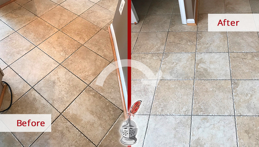 Before and after Picture of a Great Floor Transformation after a Grout Cleaning Job in Potomac, MD