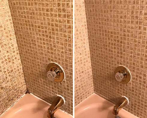 Before and after Picture of A Grout Cleaning Job Done to This Bathroom in Fairfax, VA
