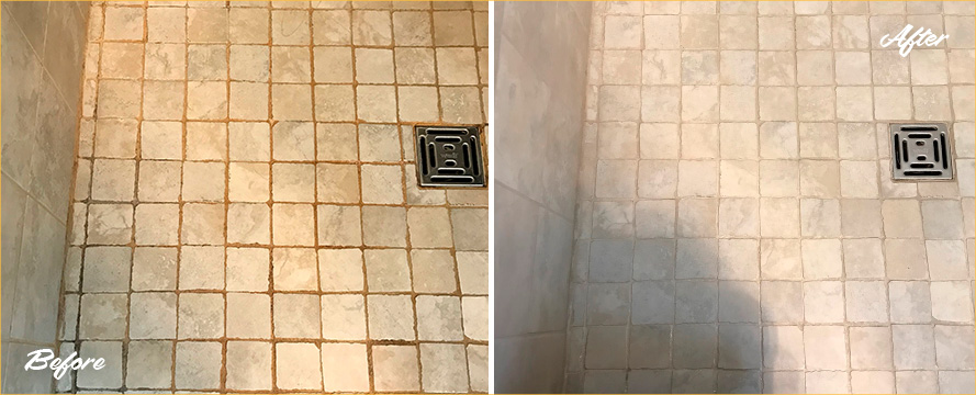 Before and after Picture of a Shower Restored Thank to a Grout Cleaning Job in Chevy Chase, MD