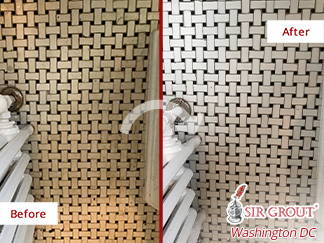 Before and after Picture of This Tile and Grout Cleaning Jod in Rockville, MD Leaving This Shower as Good as New