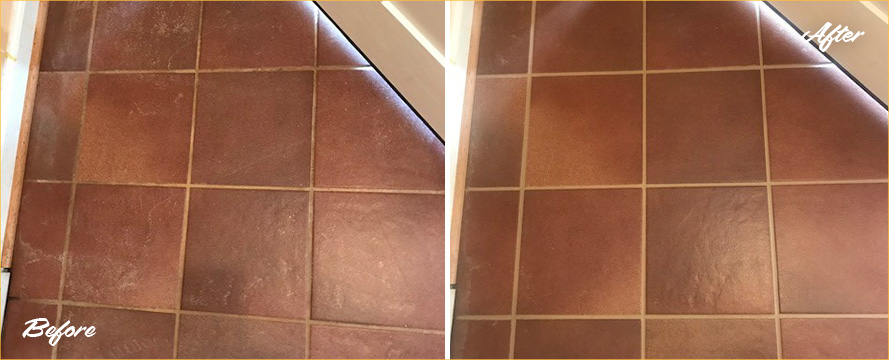 Before and after Picture of This Kitchen Floor after a Grout Cleaning Job in Chevy Chase, MD
