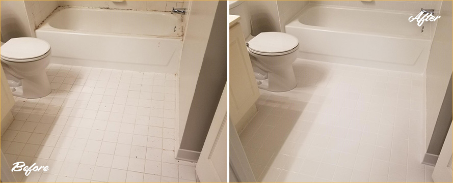 Before and After Picture of a Shower Tile Floor After a Grout Cleaning Service in Potomac