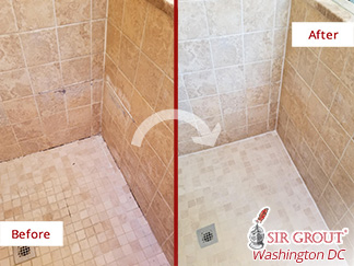 Before and After Picture of a Shower Caulking Service in Reston, VA