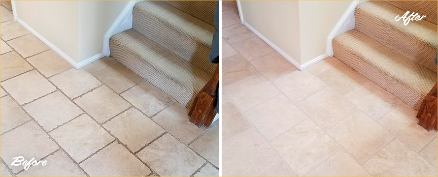 Before and After Picture of a Foyer's Floor Grout Cleaning Service in Reston, VA