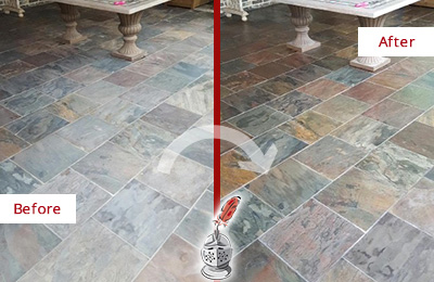 Before and After Picture of a Slate Floor Cleaned and Color Enhanced