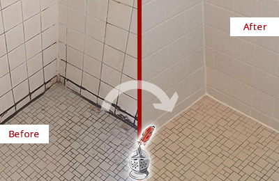 Picture of a Tile Shower Plaged with Mold and Mildew Before and After a Bathroom Recaulking Job