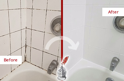 Picture of a White Tile Shower with Moldy Caulk Before and After a Bathroom Recaulking Service