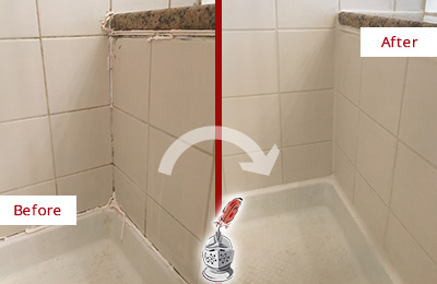 Before and After Picture of a Shower with Damaged Caulking