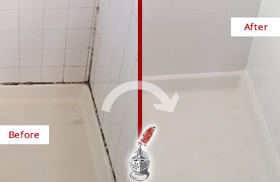 Picture of a White Shower with Moldy Grout and Caulking Before and After a Caulking Service