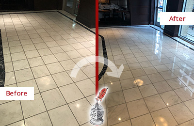 Picture of a Building Marble Entrance Floor Before and After Stone Restoration, Cleaning and Polishing