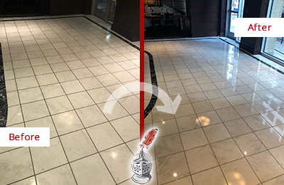 Sir Grout Washington DC Metro Stone Services Help Maintain, Clean, and Polish Building Lobbies and Commercial Offices Stone Surfaces Picture of a Building Marble Entrance Floor Before and After Stone Restoration, Cleaning and Polishing