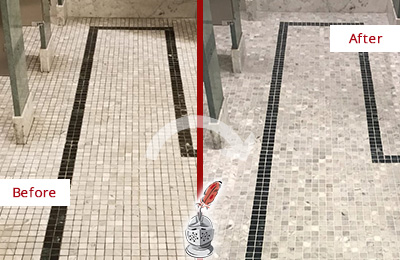 Sir Grout Washington DC Metro Stone Cleaning Services Can Help Repair the Look of this Grimy Hospital's Restroom Before and After Picture of a Hospital Travertine Bathroom Floor Stone Cleaning Service