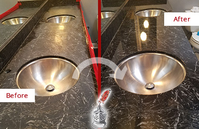 Sir Grout Washington DC Metro Stone Services Are Ideal for Enhancing Restrooms Marble Countertops and Keep Them Perfect All Year Round Picture of an Office Restroom's Marble Countertop Before and After Color Enhancement and Restoration