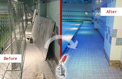 Sir Grout Washington DC Metro Cleans and Seals this Gym Tile Pool Deck to Repair Damage Before and After Picture of a Gym Tile Pool Deck Cleaned and Sealed to Repair Damage