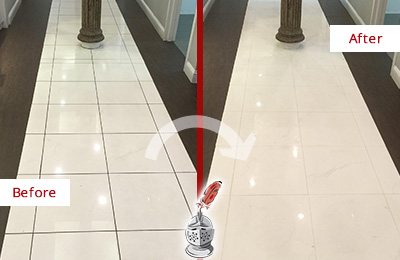 Sir Grout Washington DC Metro Restores, Cleans and Seals this Medical Center Floor to Remove Stains Before and After Picture of a Medical Center Floor Restored, Cleaned and Sealed to Remove Stains
