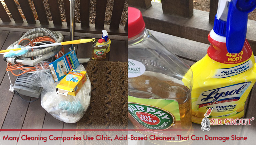 Set of Acid-Based Cleaners Outside of Porch Used by Many Cleaning Companies That Can Damage Stone