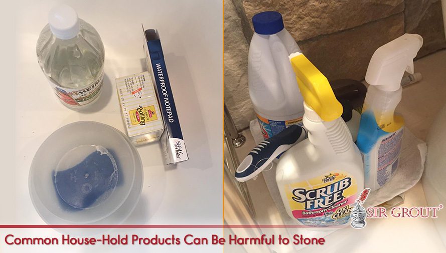 Household Vinegar, Chlorine and Bathroom Cleaners Shown in Shower Are Known To Be Harmful to Stone